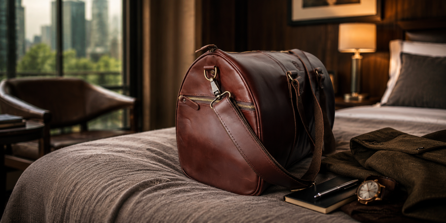 Maleta duffle DERI de piel genuina color café sobre una cama en ambiente premium de hotel, transmitiendo estilo, organización y esencia de viaje sofisticado.